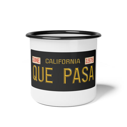 “QUE PASA” Vintage White Enamel Coffee  Cup