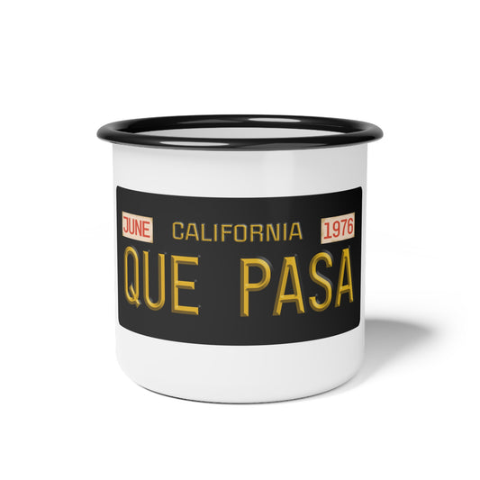 “QUE PASA” Vintage White Enamel Coffee  Cup