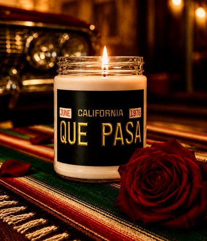 “QUE PASA” CA. Vintage License Plate Soy Candle. 9oz